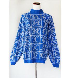 Vintage ADELE 80s 90s Blue White Alphabet Letters Sweater